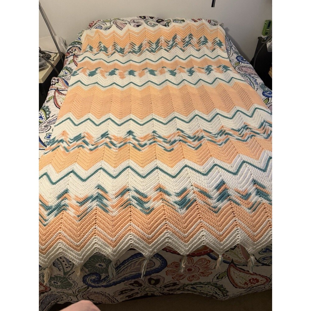 NEW Hand Crocheted AFGHAN Throw Coral/Green Ripple  44 x 88”